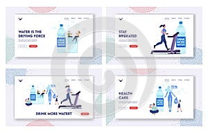 Characters Drink Water, Stay Hydrated Landing Page Template Set. Tiny People at Huge Bottle and Glass with Pure Aqua