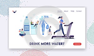 Characters Drink Water to Stay Hydrated Landing Page Template. Tiny People at Huge Bottle and Glass with Pure Aqua