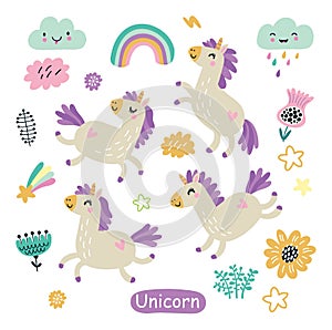 Characters and elements. Unicorns. Cute background