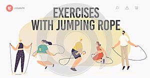 Characters Exercising with Jump Rope Landing Page Template. Summertime Recreation, Outdoor or Indoor Active Sparetime