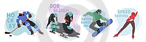 Characters in Exhilarating Winter Sports Activities Including Hockey, Bobsleigh, Snowboarding and Speed Skating