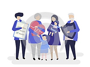 Characters of an extended family with healthcare illustration