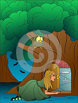 Characters from a fairy tale. Girl and door in a tree. Passage to the hall with a glass table. An episode from a fairy tale.