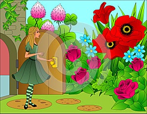 Characters from a fairy tale. The girl finds herself in a garden with flowers. An episode from a fairy tale.