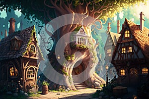 characters from fairy tales in a magical realm. Village in a fantasy cartoon