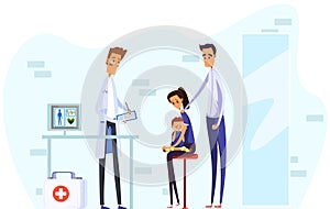 Characters family with sick child, male and female in medical examination by doctor, flat vector illustration. Sad
