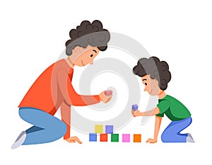 Characters for Fatheres Day. Father and son play together with dice, build a castle.