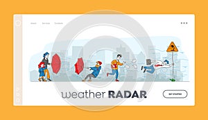 Characters Fighting with Strong Wind Landing Page Template. Person Hang on Road Sign, Man with Destroyed Umbrella