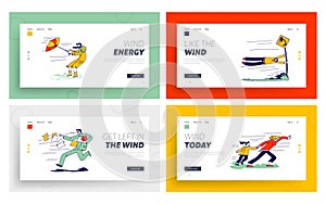 Characters Fighting with Strong Wind Landing Page Template Set. Woman with Destroyed Umbrella
