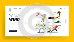 Characters Fighting with Strong Wind Landing Page Template. Woman with Destroyed Umbrella Trying to Protect from Storm