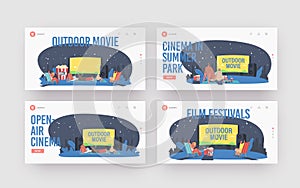 Characters with Friends at Outdoor Movie Theater Landing Page Template Set. People Watching Film on Big Screen Open Air