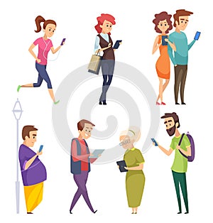 Characters with gadgets. Man woman kids internet chatting by smartphones tablets smart pad cartoon vector people