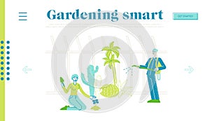Characters Grow, Planting and Caring of Plants in Garden Greenhouse Landing Page Template. People Watering Trees