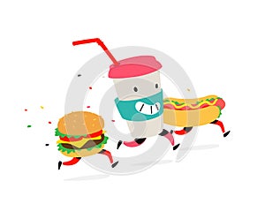 Characters hamburger, hot dog, cocktail cup. Vector. Logos for fast food. Funny illustration of food delivery. Cartoon signs,