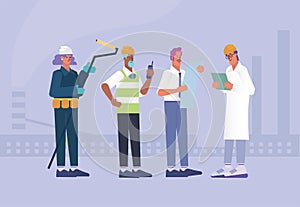 Characters in hard hats holding tools and blueprints, Construction workers and engineers