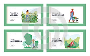 Characters Harvesting Landing Page Template Set. Gardeners Collecting Fruits and Vegetables Crop, Farm Production