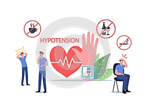 Characters with Hypotension Symptoms Measuring Arterial Blood Pressure, Cardiology Diseases. People with Tonometer photo