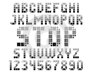 Characters of Latin alphabet made from squares. Grayscale color gamma. Square typography.