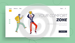 Characters Leaving Comfort Zone Landing Page Template. Woman Celebrate Victory Holding Golden Goblet