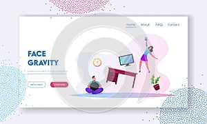 Characters in Living Room with Zero Gravity Flying Furniture Landing Page Template. Man Holding Dumbbell for Antigravity