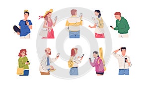 Characters looking smartphone. Happy people person mobile smart phone, human using cell phones hold device online