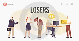 Characters Losers Landing Page Template. Businesswoman Deleted Data from Computer, Hater Laughing on Upset Man