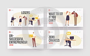 Characters Losers Landing Page Template Set. Businesswoman Deleted Data from Computer, Hater Laughing on Upset Man