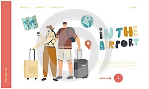 Characters with Luggage Boarding on Airplane Landing Page Template. People Travel, Woman and Businessman in Airport