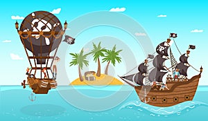 Characters male pirates command on air balloon fight vs ship, teamfight, water battle, tropical island, palm tree, gold