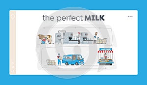 Characters Manufacturing Milk Production Landing Page Template. Farm Industry, Stage Process on Conveyor, Dairy Plant