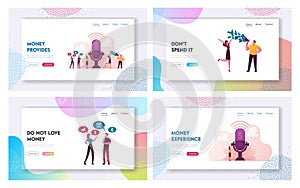 Characters Money Talks Landing Page Template Set. People Stand near Huge Microphone with Dollar Communicate