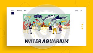 Characters in Oceanarium Landing Page Template. Parents and Kids Look at Ocean Fishes behind Glass. Children in Aquarium