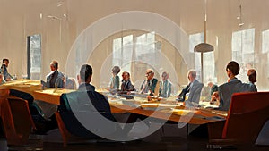 Characters, Office staff sitting at a boardroom table having a video conference meeting