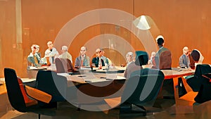 Characters, Office staff sitting at a boardroom table having a video conference meeting