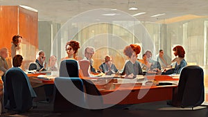 Characters, Office staff sitting at a boardroom table having a video conference meeting