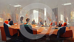 Characters, Office staff sitting at a boardroom table having a video conference meeting