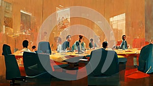 Characters, Office staff sitting at a boardroom table having a video conference meeting