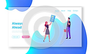 Characters Online Shopping Website Landing Page. Man Carry Cart for Purchase Woman Hold Credit Card for Cashless Payment