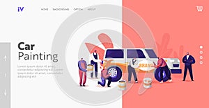 Characters Painting Car Making Airbrushing, Changing Wheels Landing Page Template. Automobile Modification Service