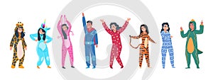 Characters in pajamas. Cartoon men and women in different pajamas, superheroes and animals costumes. Vector pajama party