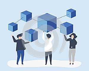 Characters of people holding a blockchain network illustration