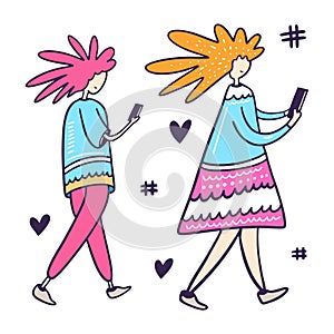 Characters of people in motion on a social network. Media influence concept. Vector flat cartoon style