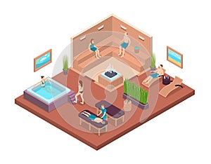 Characters People Relaxing Sauna Interior with Furniture Isometric View. Vector