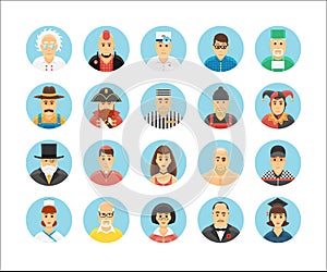 Characters and persons icons collection. Icons set illustrating people occupations, lifestyles, nations and cultures. photo