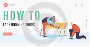 Characters Prepare for Winter Run Lacing Sport Shoes Landing Page Template. Sportsman and Sportswoman in Spors Footgear photo