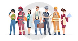 Characters professions. Factory workers business people engineer and doctor community concept. Vector career