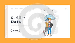 Characters at Rain Landing Page Template. Happy Loving Couple Hugging Walking in Rainy Autumn Weather under Umbrella