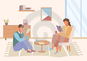 Characters read books at home illustration. Guy girl sitting armchair floor enthusiastically studying recently released