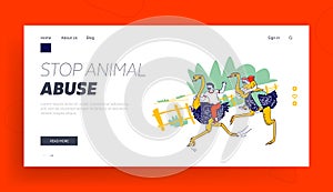 Characters Riding on Ostriches on Farm Zoo Landing Page Template. People Tourists Spend Holidays in Thailand