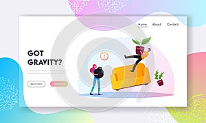 Characters in Room with Zero Gravity and Flying Furniture Landing Page Template. Woman Holding Dumbbell for Antigravity
